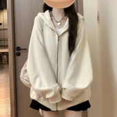 纯色加绒加厚连帽卫衣女春秋oversize外套ins潮宽松慵懒开衫 上衣