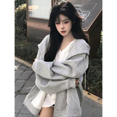 上衣 外套chic慵懒开衫 美式 复古街头连帽卫衣女春秋oversize薄款