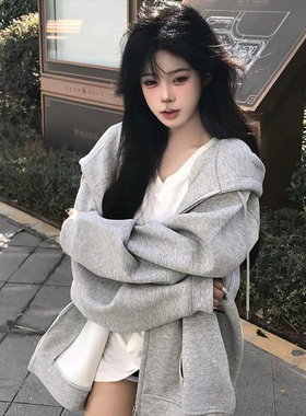 美式复古街头加绒加厚连帽卫衣女春秋oversize外套chic慵懒开衫