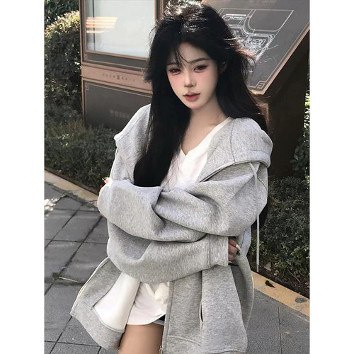 美式oversize拉链连帽卫衣女