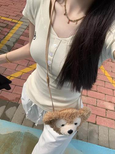 美式辣妹短款刺绣V领纯棉短袖T恤