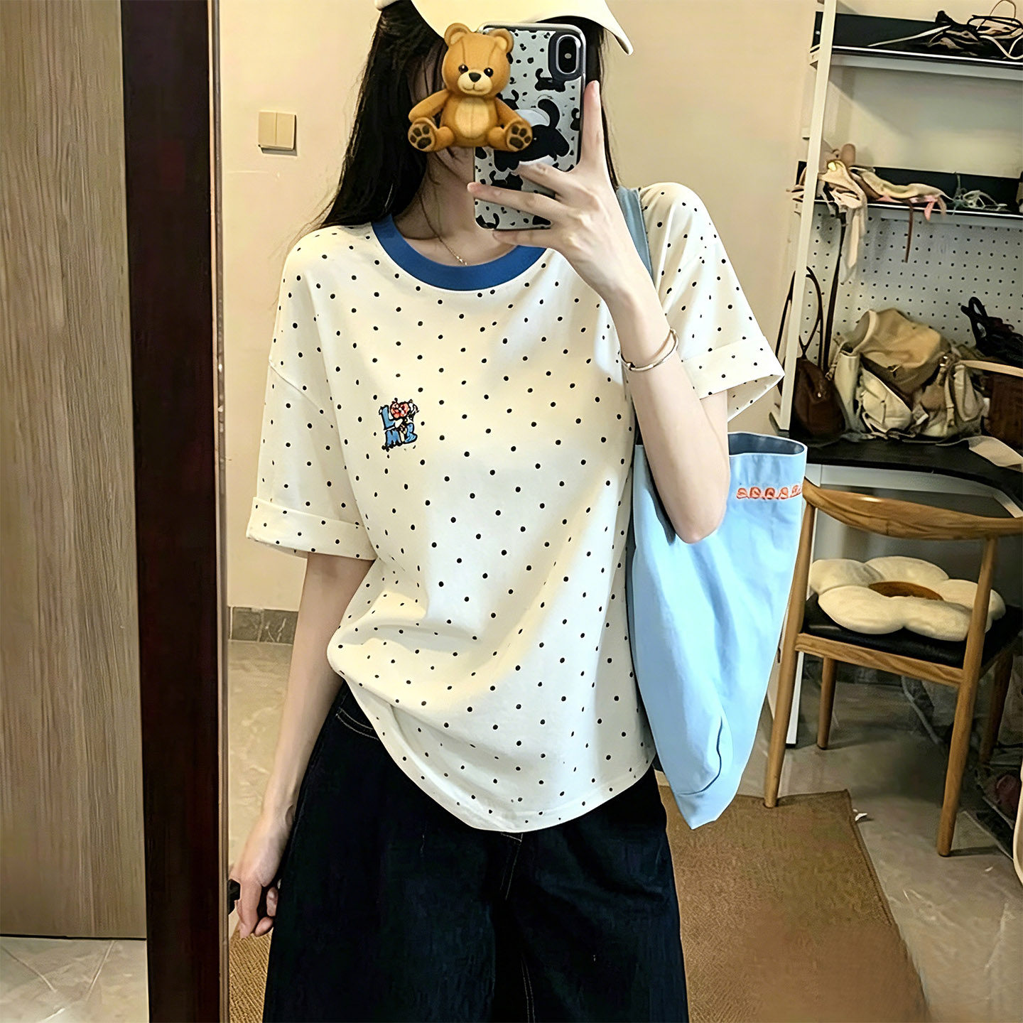 美式复古潮牌波点短袖T恤女夏设计感小众宽松慵懒半袖体恤上衣服