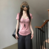 设计感小众正肩V领微透薄款 显瘦上衣 高腰修身 短袖 T恤女夏辣妹短款