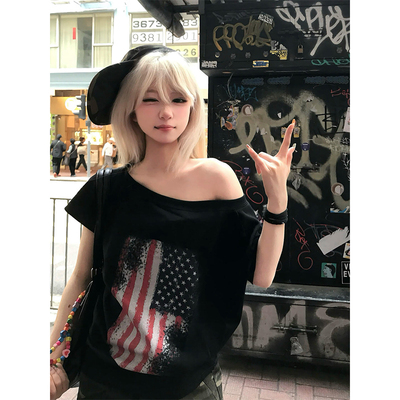 美式潮牌宽松斜领短袖T恤女