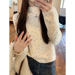 保暖加绒T恤 上衣修身 波点木耳边半高领德绒打底衫 女秋冬内搭短款