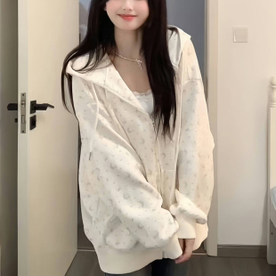 碎花连帽卫衣女春秋oversize薄款 上衣 外套港味chic宽松慵懒开衫