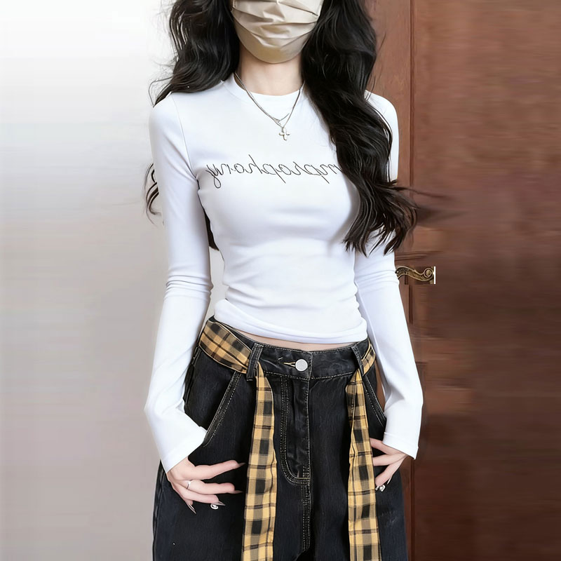 美式辣妹短款修身圆领长袖T恤