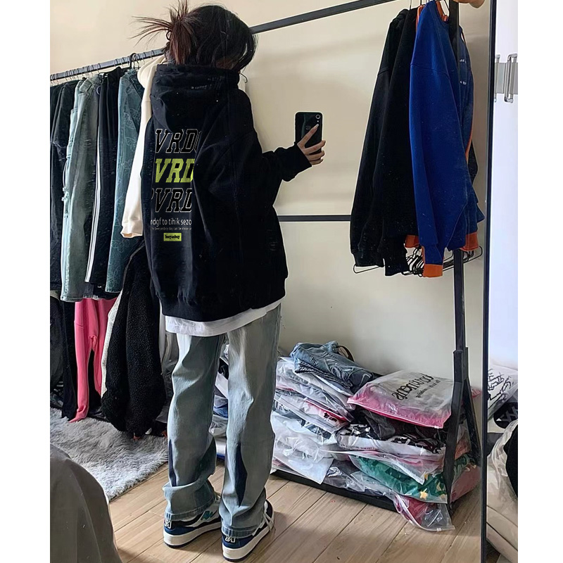 美式复古高街潮牌hiphop加绒加厚连帽卫衣女秋冬oversize慵懒外套
