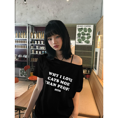 美式辣妹宽松显瘦斜领短袖T恤