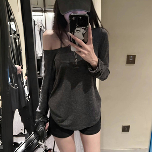 设计感小众斜领露肩长袖 辣妹宽松显瘦上衣服 T恤女春秋内搭打底衫