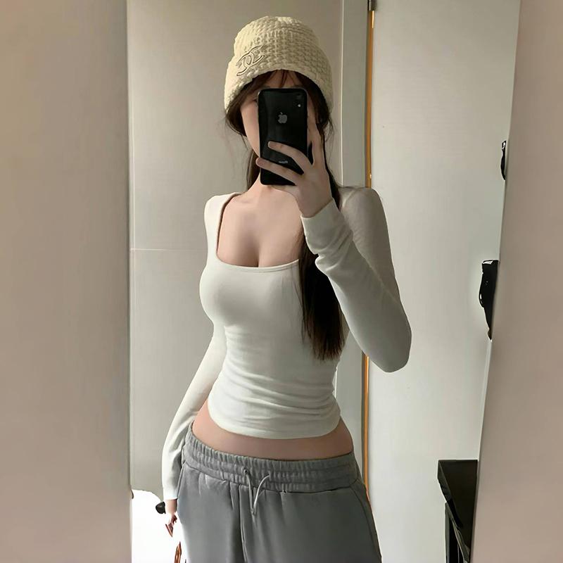 辣妹短款修身百搭U领德绒打底衫