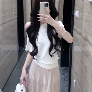设计感小众斜领露肩纯棉短袖 显瘦体恤上衣服 T恤女夏辣妹短款 修身