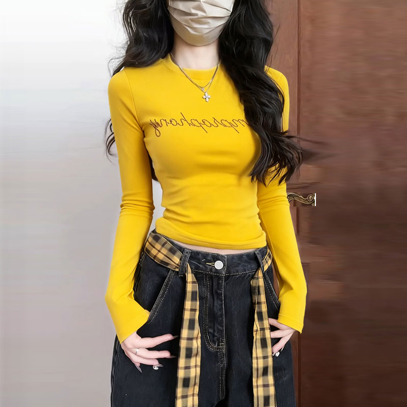 美式辣妹短款修身圆领长袖T恤