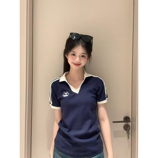 设计感小众正肩POLO领纯棉短袖 显瘦上衣 T恤女夏辣妹短款 高腰修身