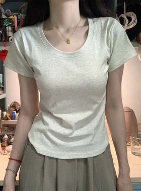 设计感小众正肩纯棉U领短袖T恤女夏辣妹短款高腰修身显瘦百搭上衣