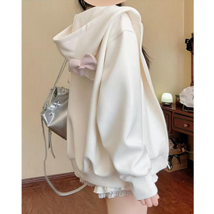 加绒加厚猫耳朵连帽卫衣女秋冬oversize外套韩系慵懒可爱开衫上衣