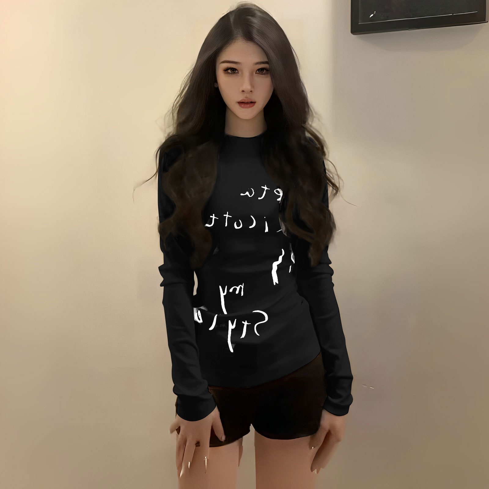 美式辣妹修身字母长袖T恤女图片
