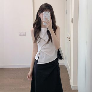 显瘦背心上衣 设计感小众扭结无袖 纯棉短袖 T恤女夏辣妹短款 修身