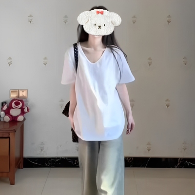 正肩纯棉V领宽松短袖T恤女