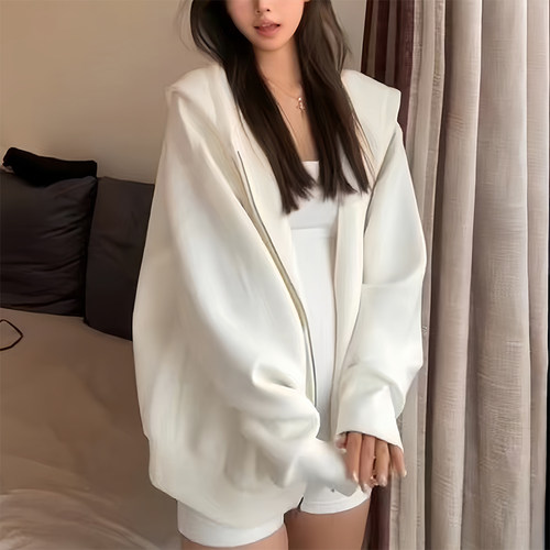 美式oversize拉链连帽薄款卫衣女
