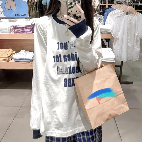美式拼色字母宽松长袖T恤女