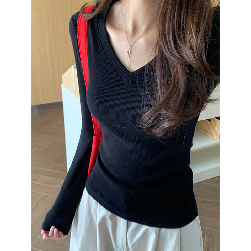 短款修身显瘦百搭V领长袖T恤女图片