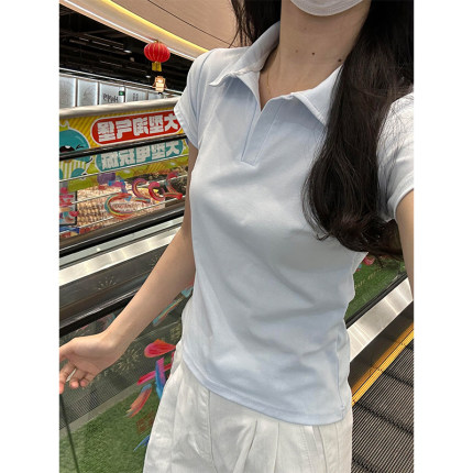 设计感小众正肩POLO领纯棉短袖T恤女夏辣妹短款修身显瘦体恤上衣