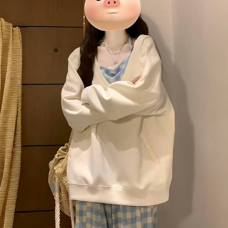 美式oversize薄款V领连帽卫衣女
