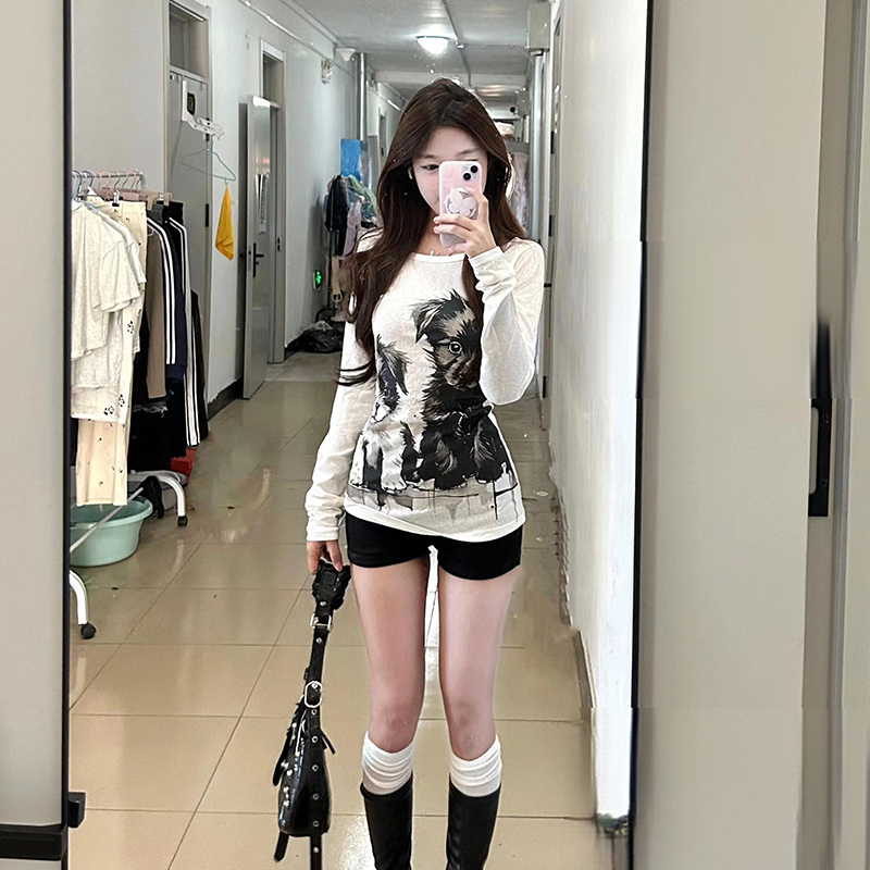 美式复古正肩纯棉长袖T恤女春秋内搭短款打底衫辣妹修身显瘦上衣