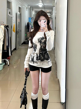 美式复古正肩纯棉长袖T恤女春秋内搭短款打底衫辣妹修身显瘦上衣