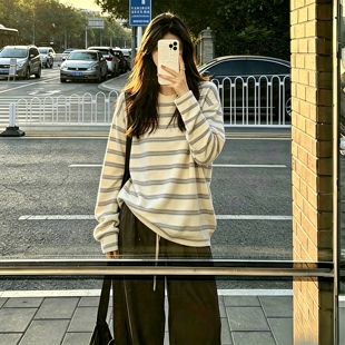 条纹圆领长袖T恤女春秋内搭打底衫韩版宽松显瘦慵懒松弛休闲上衣