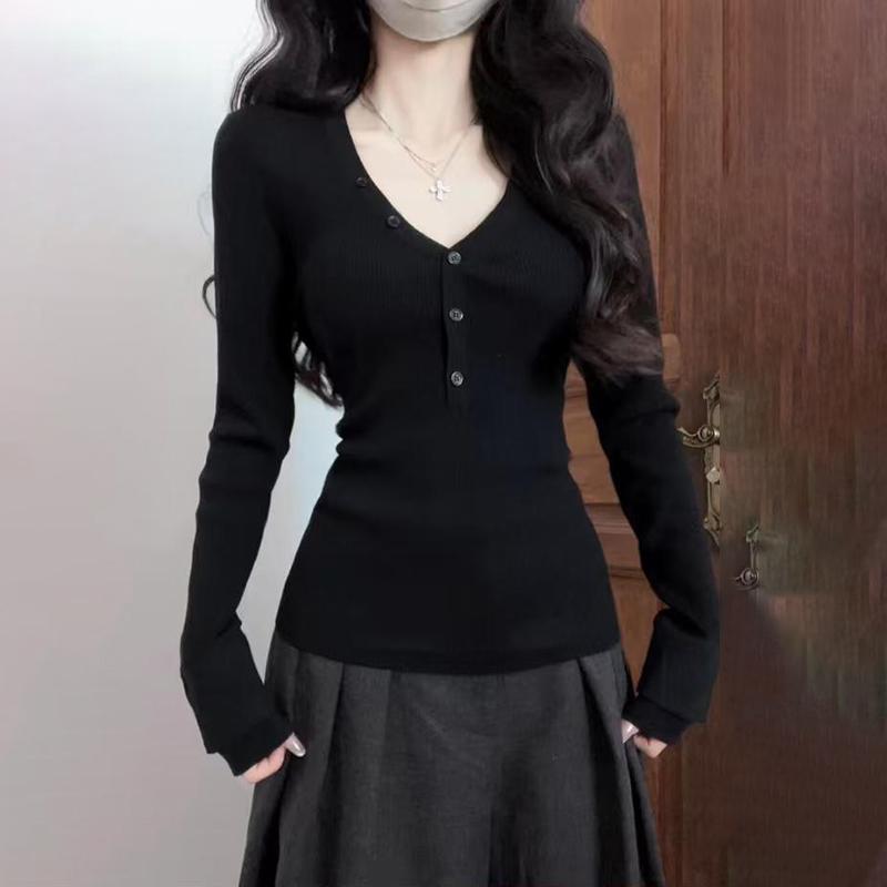 设计感小众正肩V领长袖T恤女春秋内搭短款打底衫辣妹修身显瘦上衣