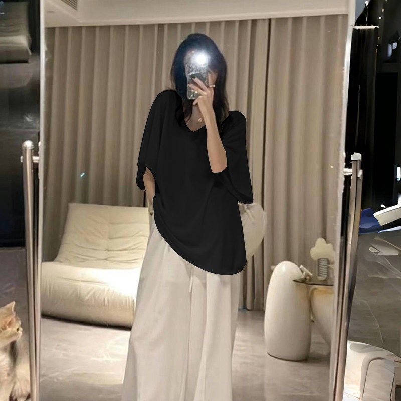 正肩V领纯色短袖T恤女夏韩版潮大版宽松半袖上衣简约百搭休闲体恤