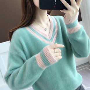 秋冬新款仿水貂绒加厚套头毛衣女短款V领宽松长袖百搭针织衫潮