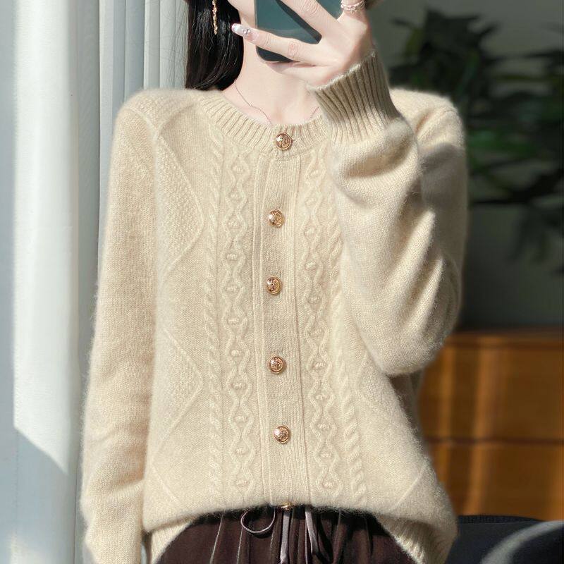 2025春季新款韩系麻花复古长袖针织开衫女士菱形扭花毛衣外套上衣
