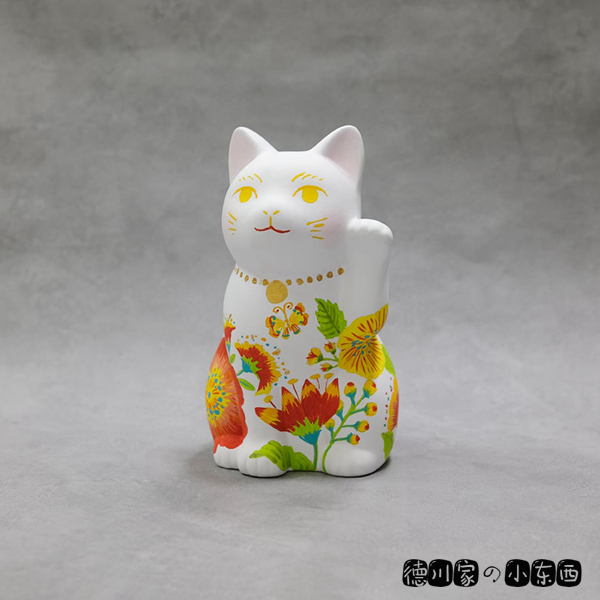 日本代购 匠人手工 白底彩绘招财猫 红花 正坐 好运招福 陶摆件