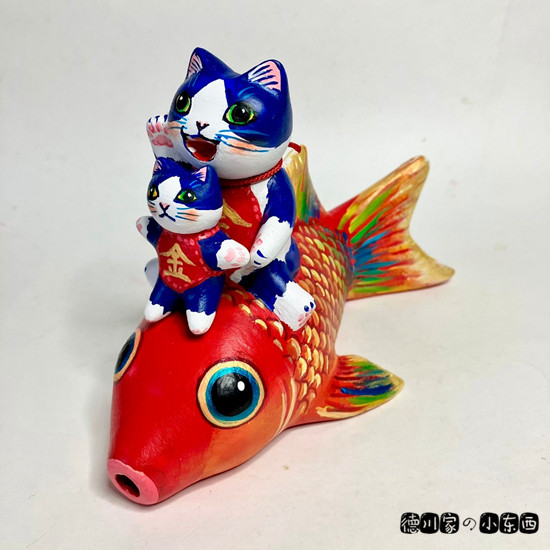 日本代购 匠人手工 亲子金猫太郎骑彩虹金鱼  和风 装饰摆件