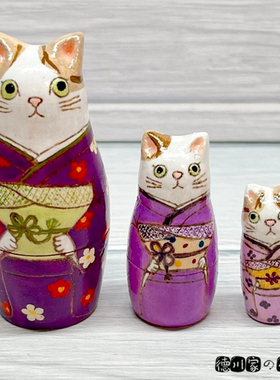 日本代购 匠人手工 紫色和服白猫 木偶娃娃 木雕彩绘 可爱 小摆件