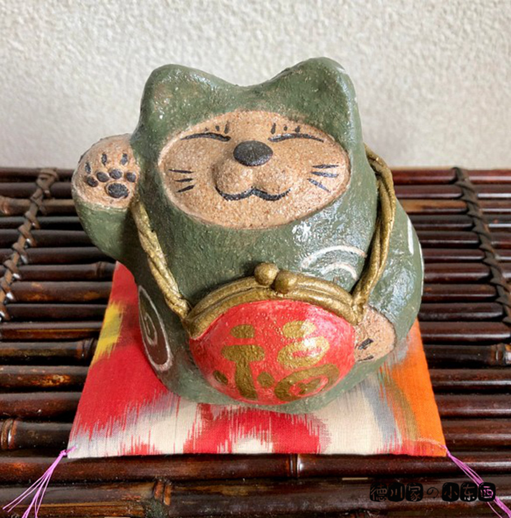 日本代购 匠人手工 民俗风 绿色 招财猫 福袋 好运 招福 陶制摆件