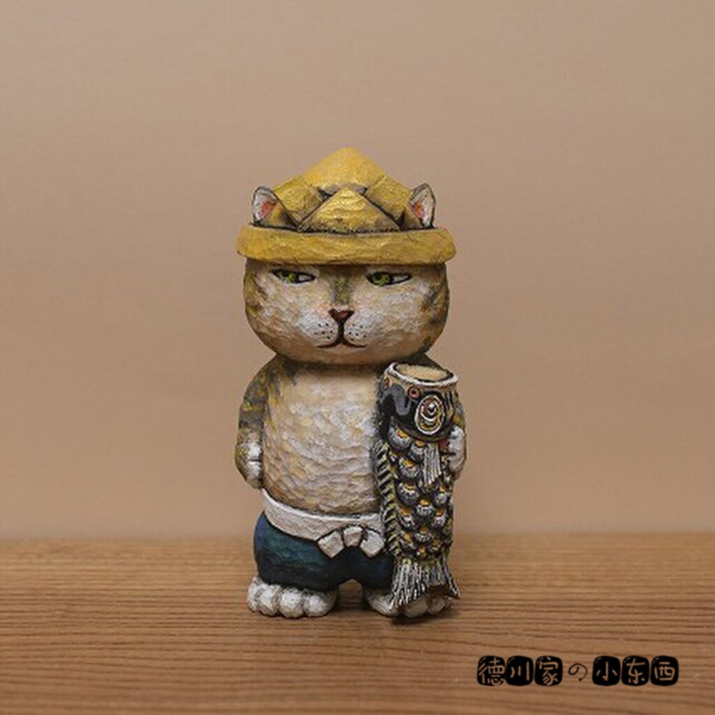 日本代购 动漫风木雕猫咪摆件 五月人形儿童节木偶 民俗 手工艺品