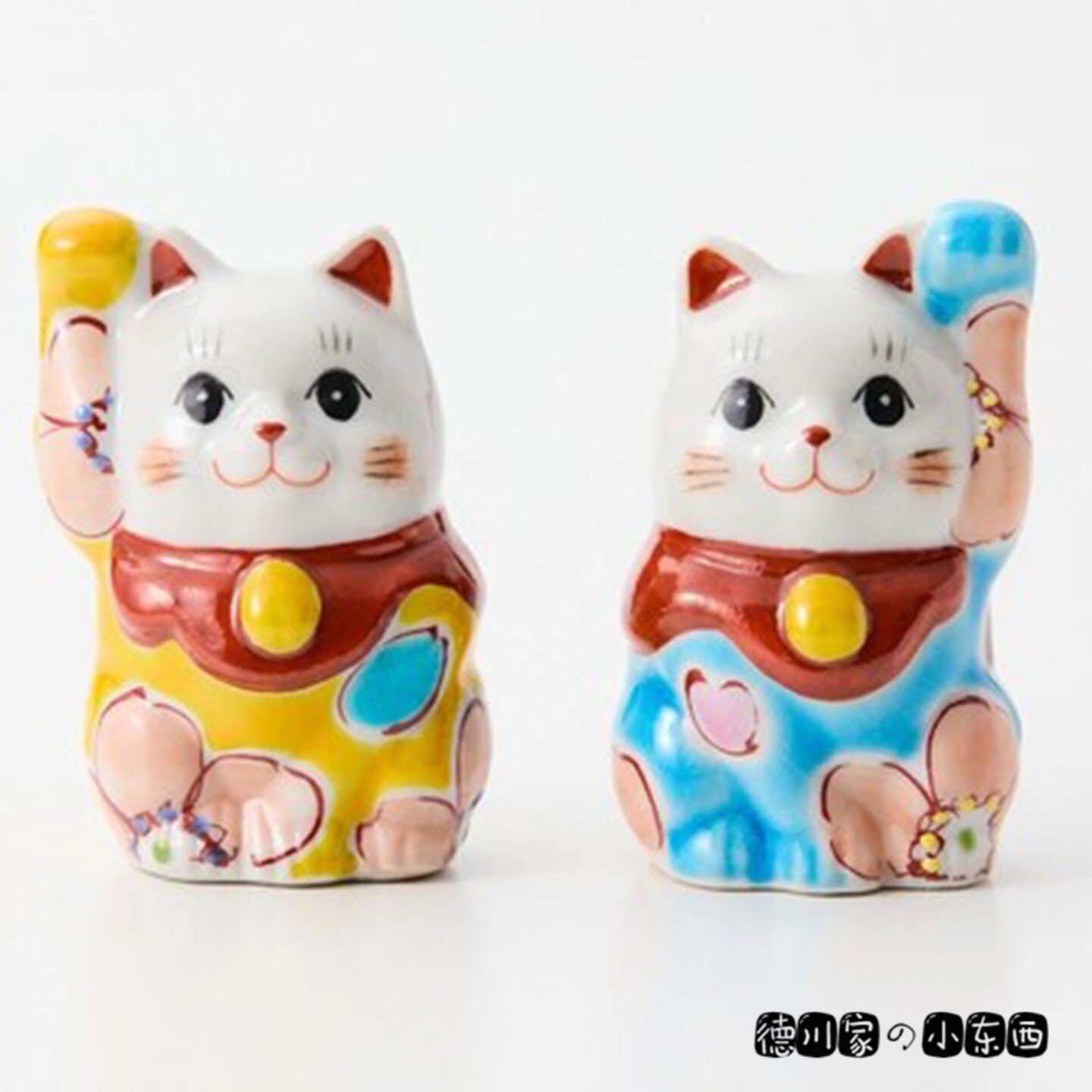 日本代购 动漫风 招财猫 陶瓷摆件 九谷烧 迷你 樱花 猫咪 蓝 黄