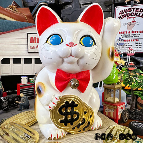 日本代购 匠人手工 拿金币左手上 加油的白色招财猫 好运招福摆件