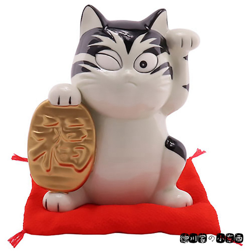 日本代购 鬼太郎 黑白虎纹猫 金币招财猫 可爱卡通陶瓷摆件存钱罐
