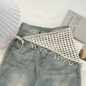 蕾丝民族风三角流苏针织屁帘女春秋叠大小珍珠包头发带丝巾围巾