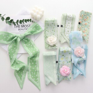 法式甜美绿色花朵细窄长条丝巾女春夏新款百搭立体装饰小领巾发带