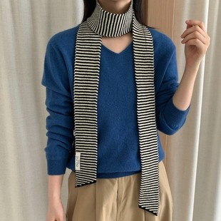 韩系黑白条纹小围巾女2025新款细窄长条装饰时尚百搭针织围脖领巾