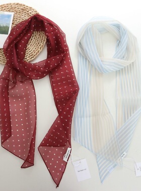 蓝色妖姬拼色波点丝巾高级感韩系围巾夏天薄款细长条系脖配饰纱巾