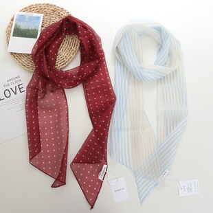 蓝色妖姬拼色波点丝巾高级感韩系围巾夏天薄款细长条系脖配饰纱巾