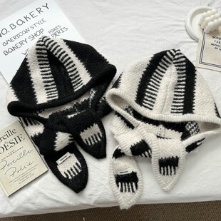 潮流前沿的巴拉克拉法帽 韩博主同款针织条纹帽子 凹造型时尚拍照