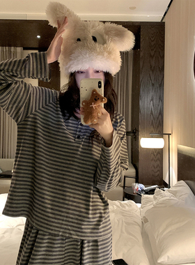 韩系条纹简约睡衣女秋冬季2025新款ins风舒适休闲宽松家居服套装